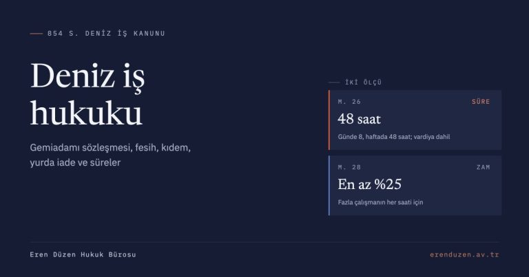 Deniz iş hukuku: 854 sayılı Deniz İş Kanunu m. 26 haftalık 48 saat çalışma süresi ve m. 28 en az yüzde 25 fazla çalışma zammı